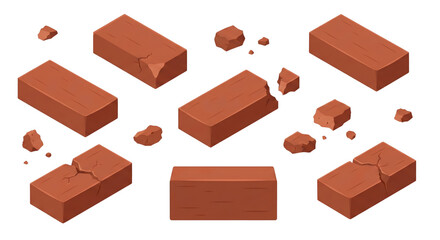 Isometric brick fragments and whole brick blocks arranged creatively on transparent