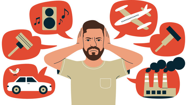 Man stressed by noise pollution and loud environmental sounds illustration

