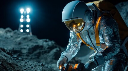 An astronaut examines the lunar surface under a bright light, showcasing a futuristic space exploration scene.