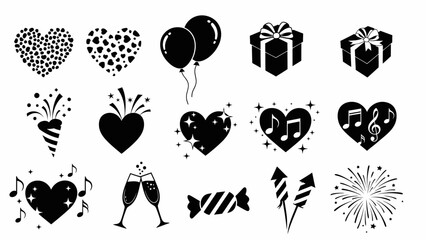Hand drawn celebration icons set with hearts gifts and fireworks