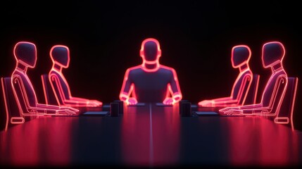 A futuristic meeting scene featuring glowing, abstract figures around a conference table, creating a striking visual impact.