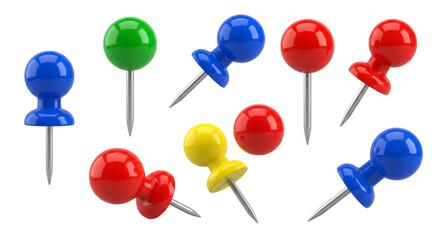 Vivid assortment of colorful push pins, isolated against a stark transparent setting, offering a