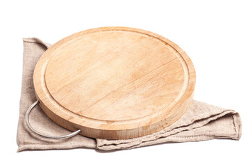 Empty pizza wooden board on burlap
