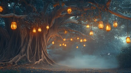 Enchanting ancient tree, mystical lights