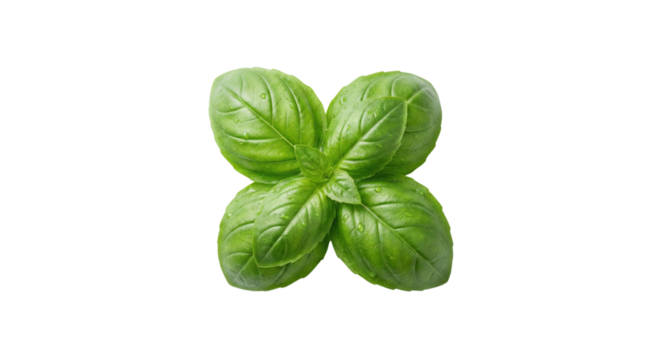 Close up of fresh green basil leaves aromatic herb for culinary use on surface isolated on transparent background