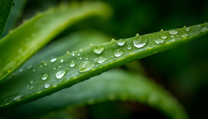 A closeup of a green aloe vera leaf with water droplets on it. The leaf is in sharp focus, while the background is blurred, emphasizing the leaf and droplets. The colors are predominantly green