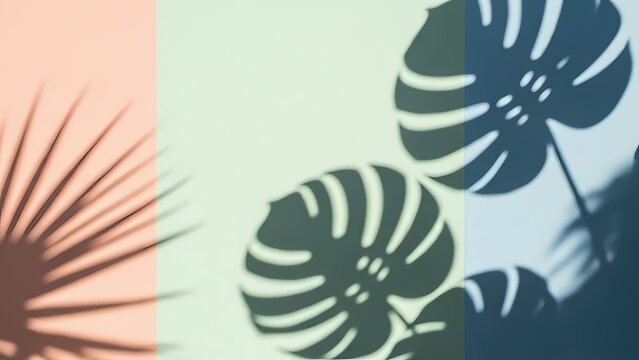 Tropical leaf shadows dance on a pastel gradient wall, creating a serene aesthetic - Powered by Adobe