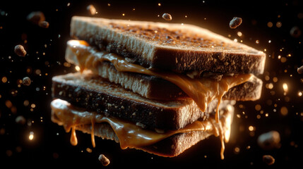 Delicious gourmet sandwich featuring melted cheese between toasted bread slices, fresh ingredients, and savory flavors for satisfying casual meals and snack time