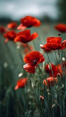 Fototapeta premium Bright Red Poppy Flowers in Lush Green Field Under Soft Overcast Sky