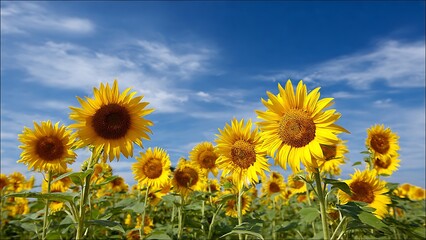 Fototapeta premium Vibrant Sunflower Field Under Bright Blue Sky with Fluffy Clouds