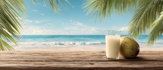 Obraz premium Fresh coconut water on rustic wooden table with tropical beach, blue ocean and palm leaves background