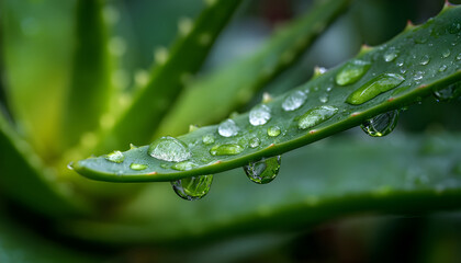 A closeup of a green aloe vera leaf with water droplets on it. The leaf is in sharp focus, while the background is blurred, emphasizing the leaf and droplets. The colors are predominantly green