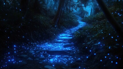 Mystical forest path at night, glowing with bioluminescent insects