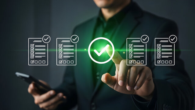 Businessman approving documents digitally with holographic interface and green checkmarks