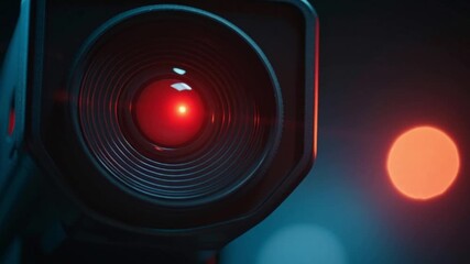Cinematic Slow Pan Toward a Video Camera Glowing with a Red Recording Light in a Dark Room, Creating a Moody Atmosphere, Dramatic Focus, and Suspenseful Low-Light Visual Storytelling