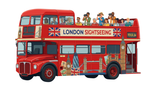 Red london sightseeing double decker tour bus on transparent background travel isolated on transparent background