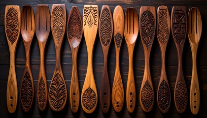 Wooden Spoons Collection Diverse Carved Designs for Cooking and Kitchen Aesthetics