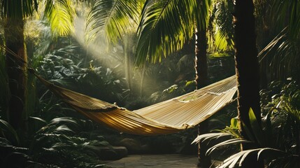 Relaxing hammock in a lush tropical garden. Sunlight streams through the dense foliage