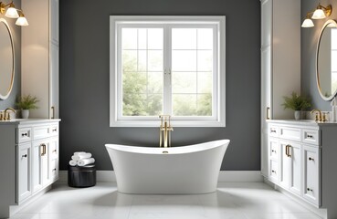 Fototapeta premium Luxury bathroom interior features freestanding bathtub by large window. Modern house design with white double vanity cabinets, gold fixtures. Elegant room dark gray walls, white marble floor. Clean,