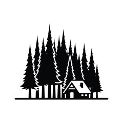 Tall trees forest scene with cabin silhouette vector illustration