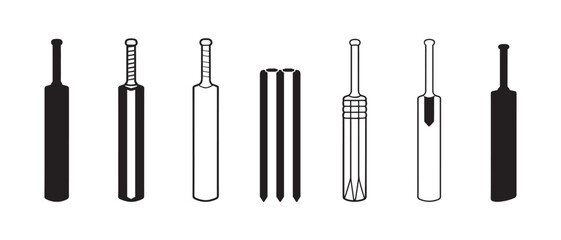 Cricket Bat and Stumps Icon Set | Sports Equipment Game Vector Silhouette