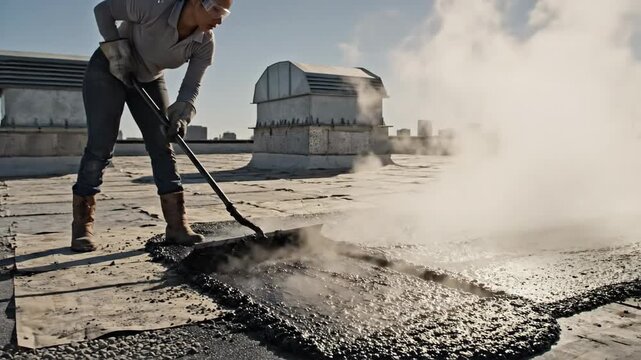 Female Construction Worker Applying Hot Tar on a Rooftop.