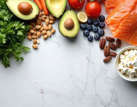 Top view various healthy ketogenic diet foods on white marble table. Organic food includes salmon avocado nuts. Good fats, protein, low carbs eating ingredients for balanced nutrition meal. Cooking - Powered by Adobe