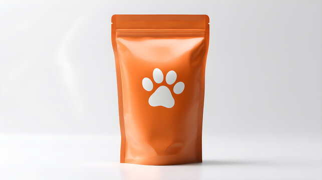 Orange pet food stand up pouch with paw print mockup