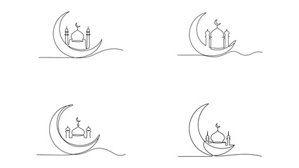 Fototapeta premium Islamic mosque and crescent moon in elegant continuous line drawing 