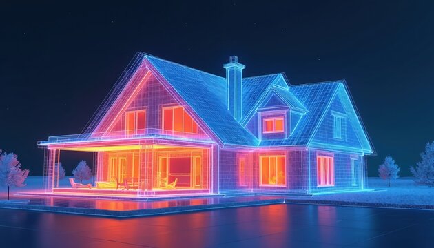 Modern residential house blueprint wireframe shines with vibrant hot red, cool blue neon light. Digital illustration shows smart home energy use, thermal efficiency, contemporary tech design.