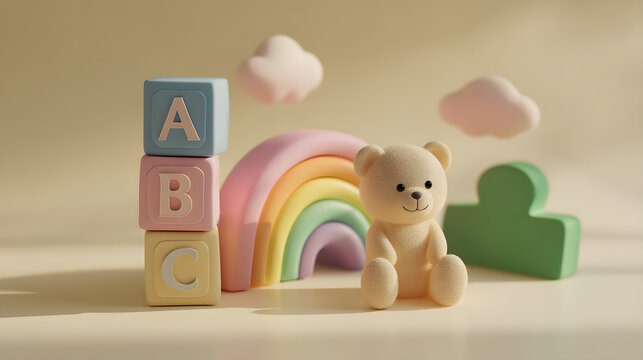 Teddy bear and pastel abc blocks for childhood learning - Powered by Adobe