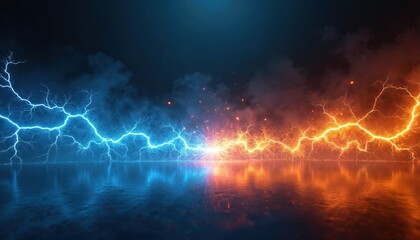 Blue and orange lightning strikes clash over reflective dark water surface. Fiery sparks fly creating energetic abstract background. Dramatic powerful collision of forces.