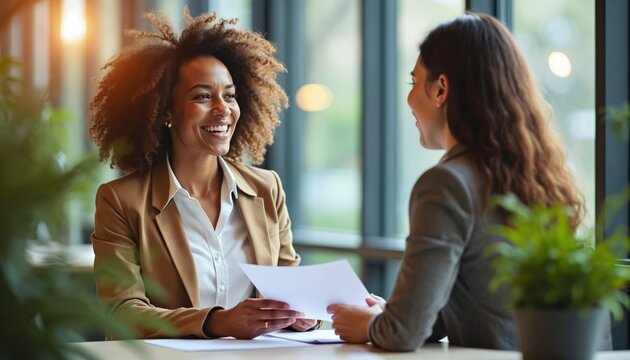 Smiling applicant hands papers to HR manager in bright office. Two colleagues talk in boardroom. Happy woman smiles during job interview at coworking space.