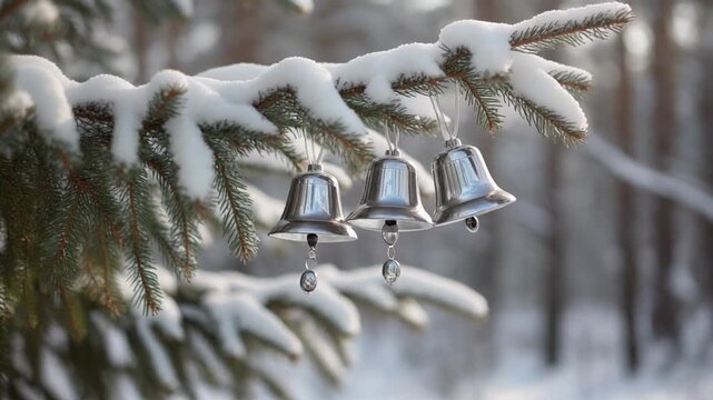 Silver jingle bells hanging from snowy pine branches