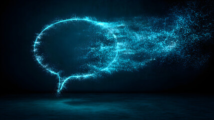 Digital speech bubble vanishing into glowing particles