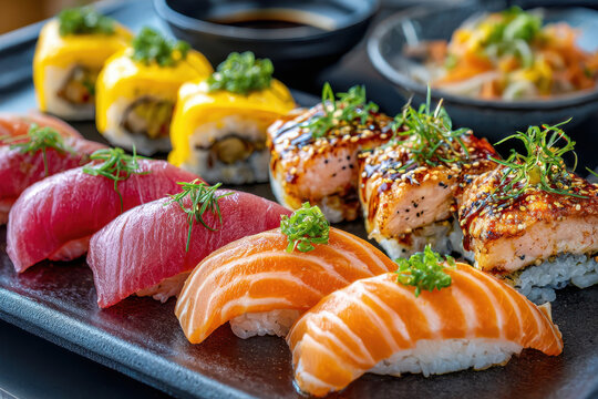 Close up of assorted sushi on a black plate