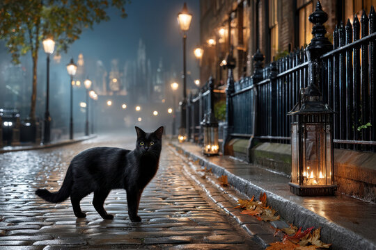 Black cat stands on cobblestone street in quiet evening illuminated by lanterns