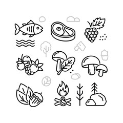 Outdoor survival food and nature elements vector icons set. foraging, fishing, hunting, camping graphics.