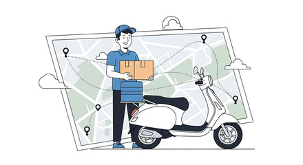 Delivery person on a scooter with packages and a map