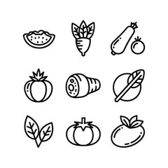 Line art icons of assorted fruits, vegetables, and meat for grocery, diet, and kitchen use