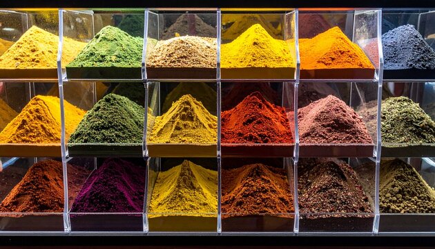 Assortment of vibrant spices displayed in a store, showcasing a colorful variety of flavors and aromas