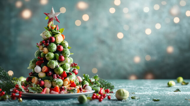 Veganuary winter challenge. Christmas tree made from Brussels sprouts and vegetables, seasonal renewal and plant based healty concept