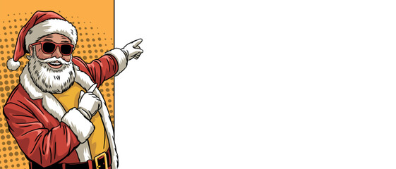 Pop art Santa Claus laughing and pointing at a blank banner