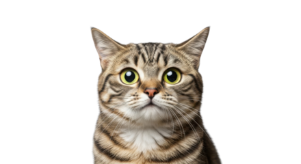 Close-up portrait of a wide-eyed tabby cat isolated PNG with Transparent Background