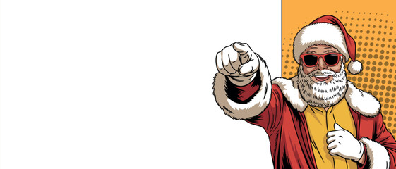 A pop art Santa Claus laughing and pointing at you next to a blank banner