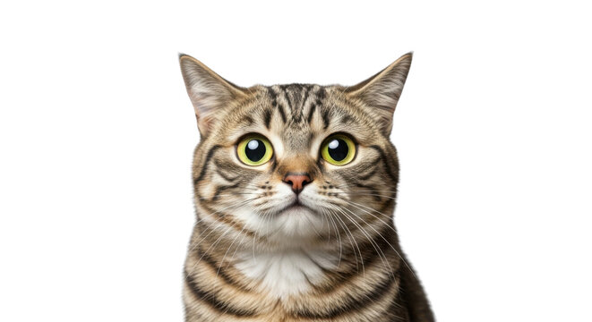Close-up portrait of a wide-eyed tabby cat isolated PNG with Transparent Background