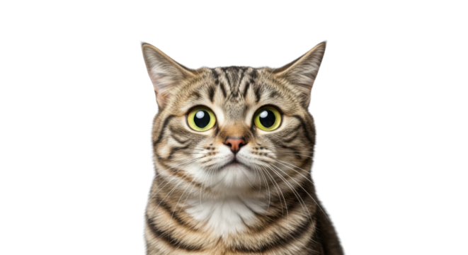 Close-up portrait of a wide-eyed tabby cat isolated PNG with Transparent Background