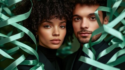 Multiracial woman and man holding green ribbons symbolizing compassion resilience and unity for World Mental Health Day global awareness