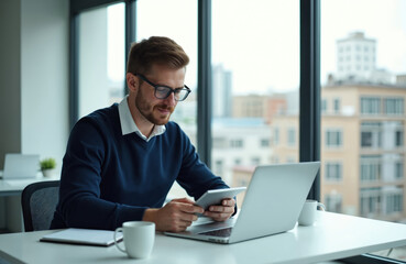 Man works at office using tablet and laptop. He wears glasses. Office setting with natural light and city view. Businessperson focused on work. Modern workplace. Coffee cup on desk.