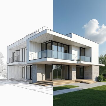 Photo of modern house architecture project. One half shows blueprint. Other half illustrates finished building design. Exterior design of luxury house with large windows.